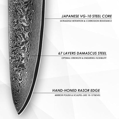 Chef Knife 8 inch -Japanese VG10 Steel 67 Layer Damascus Chef Knife-Razor Sharp Kitchen Knife Ergonomic G10 Handle with Sheath