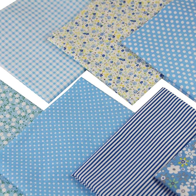 7PCS Different Patterns Printed Cotton Fabric Squares 50 cm x 50 cm Handmade Craft Cloths Bundle for Sewing Patchwork, Quilting, DIY Scrapbooking Tissue (Blue)