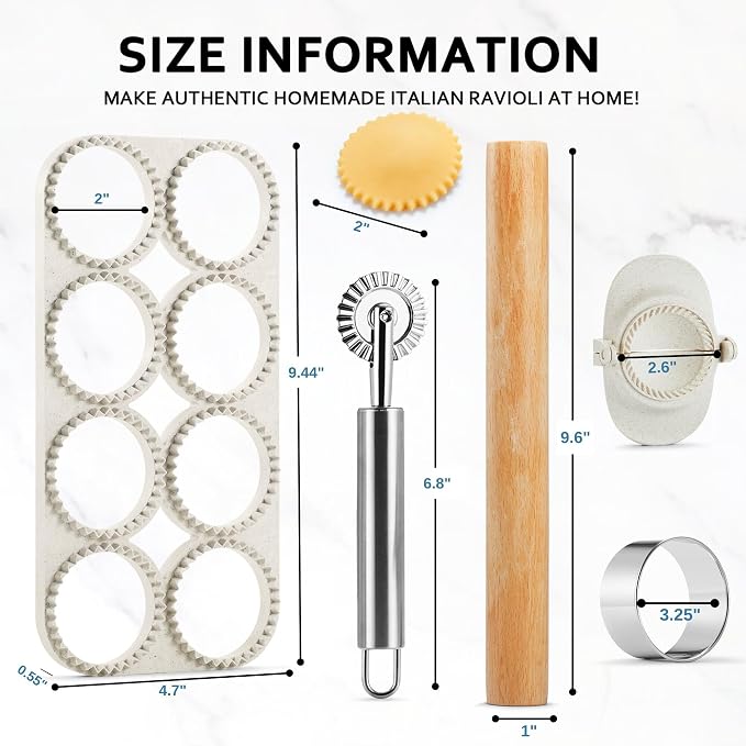 Ravioli Maker Press, Ravioli Press Mold Set - Round Ravioli Stamp Maker Cutter with Wood Rolling Pin, 2.6" Empanada Maker Press Kit and Ravioli Wheel, Makes 8 Ravioli