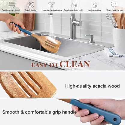 Wooden Spoons For Cooking, 6 PCS Natural Acacia Wooden Cooking Utensils, Non-Stick Wood Kitchen Utensil Set for Kitchen Essentials, Smooth Grip Wood Cooking Spoons with Hanging Hole, Blue
