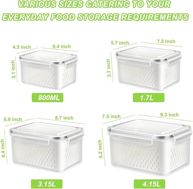 TBMAXS Fruit Storage Containers for Fridge, 4 Pack Produce Saver Vegetable Container with Drain Colanders - Refrigerator Organizer for Lettuce Keepers Berry Container