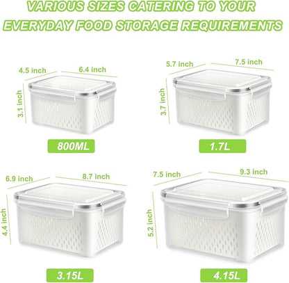 TBMAXS Fruit Storage Containers for Fridge, 4 Pack Produce Saver Vegetable Container with Drain Colanders - Refrigerator Organizer for Lettuce Keepers Berry Container