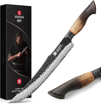 XINZUO 10 Inch Brisket Carving Knife，67-Layer Damascus Steel，Razor Sharp Curved Butcher Breaking Knives For Meat Cutting With White Oak + Red G10 Gasket Handle