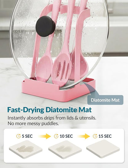 NiHome Kitchen Utensil Holder for Pot Lids & Spoons Pink Kitchen Accessories with White Diatomite Drip Tray, Non-Slip Base, Metal Cooking Spoon Rest, 3.9"x3.9"x6" Countertop Organizer (Pink)