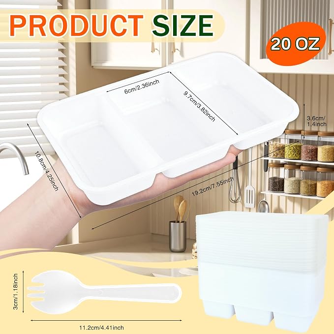 20 Sets Reusable Snack Containers Meal Prep Containers 3 Compartment Condiment Container With Lids Snackle Box Container Portion Control for Refrigeration Sauce,Outdoor Takeaway,Travel(White)