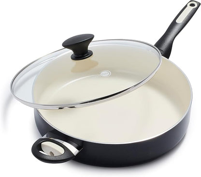 GreenPan Rio Healthy Ceramic Nonstick 5QT Saute Pan Jumbo Cooker with Helper Handle and Lid, PFAS-Free, Dishwasher Safe, Black
