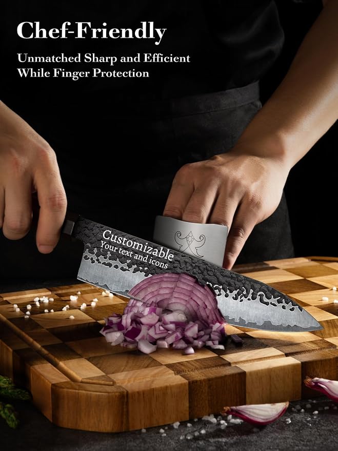 FAMCÜTE 8‘’ Engraved Custom Japanese Knife, Hand-Forged Chef Knife with 5-Layer 9CR18MOV Steel and Non-Slip Rosewood Handle Kitchen Knife, Christmas Gift for People Who Love to Cook in Sandalwood Box
