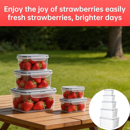 Fruit Containers for Fridge with Removable Colander, 5 Pack Strawberry Storage Containers for Fridge, Containers with Lids, Keep Strawberries, Berries Fresh for Longer
