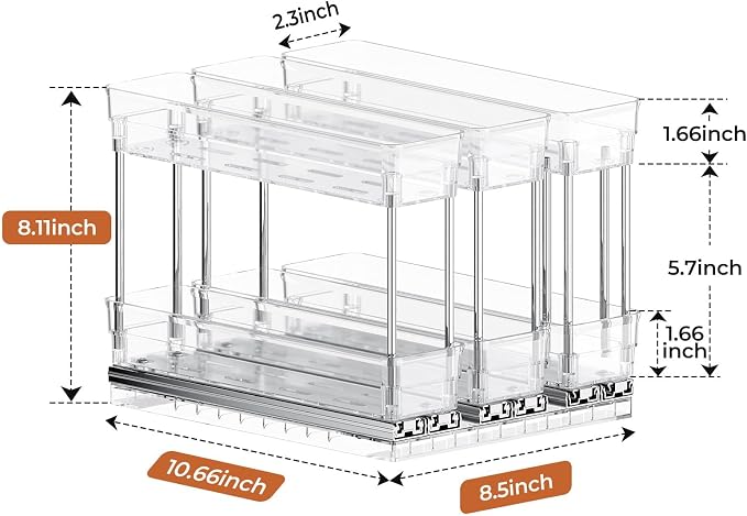 Mystozer Pull Out Spice Rack Organizer for Cabinet, Slide Out Spice Racks Organizer, Easy to Install Spice Cabinet Organizers, 2.3''Wx10.66''Dx8.11''H, 3 Packs - 2 Tiers (Clear)