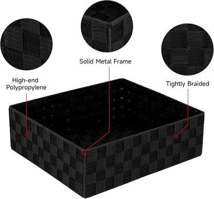 Drawer Organizer, Cube Baskets for Storage Shelves, Handmade Small Woven Basket, Shallow Storage Bins for Organizing Desk, Dresser, Kitchen, Pantry, Nested 7 Pack, Black