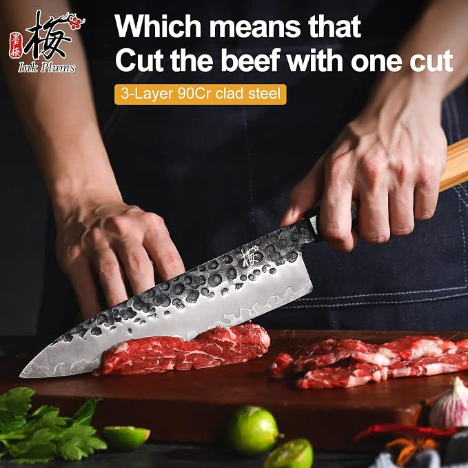 8 Inch Japanese Chef Knife, Hand Forged High Carbon Steel Gyuto Kitchen Knife for Meat Vegetables Cutting, Professional Cooking Knife with Olive Wood Octagonal Handle & Gift Box