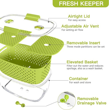 LUXEAR Fresh Produce Vegetable Fruit Storage Containers 3Piece Set, BPA-free Fridge Storage Container, Partitioned Salad Container, Fridge Organizers, Used in Storing Fruits Vegetables, Green