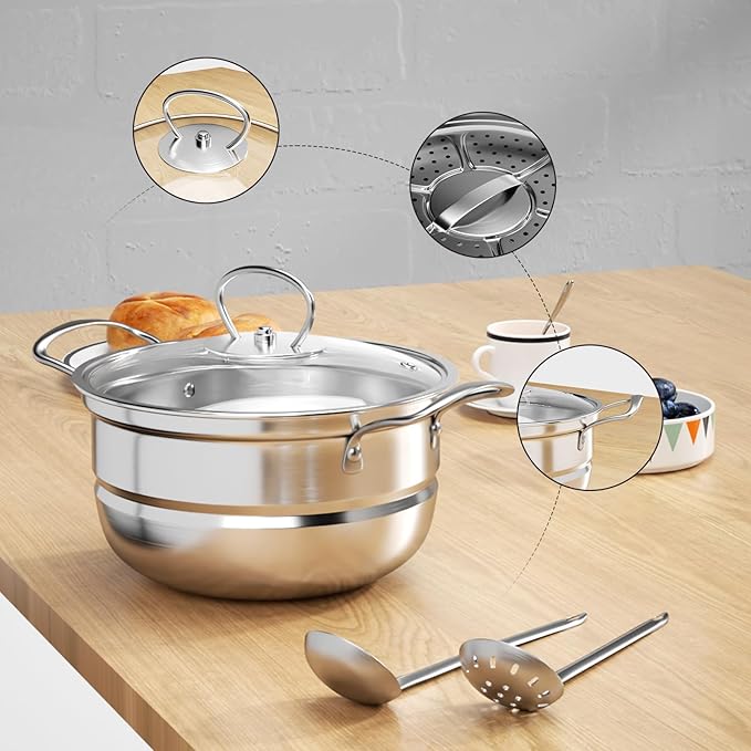 Stainless Steel Cookware Set, 12 Piece Pots Set with Steamer and Spoon, Kitchen Induction Cookware Set, Works with Induction, Kitchen Cooking Set with Glass,uncoated (Gray silver)
