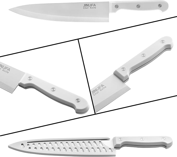 8 inch Chef Knife, Stainless Steel Kitchen Knife with Protective Knife Sheath, Ultra Sharp Slicing Knife with Ergonomic Handle, German Stainless Steel, Dishwasher Safe (White Color)