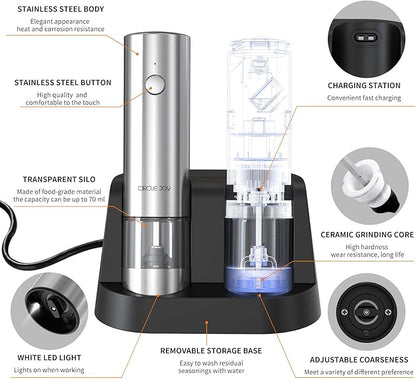 CIRCLE JOY Electric Salt and Pepper Grinder Set Stainless Steel Spice Grinder Automatic Pepper Mills with Easy-to-Carry Dual Charging Station, White Led Light, and Adjustable Coarseness, Silver
