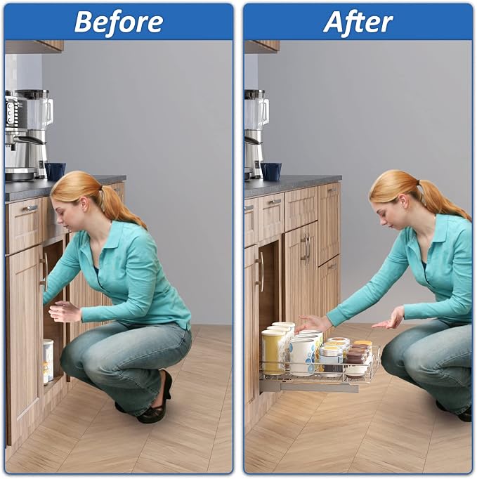 ROOMTEC Pull Out Cabinet Organizer - 11" W x 21" D, Slide Out Storage Shelves, Fits 12.5" Opening
