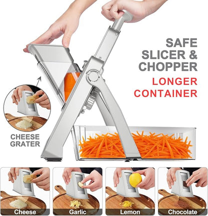8 in 1 Mandoline Slicer for Kitchen, Vegetable Chopper, Potato Slicer, Fry Cutter Onion Chopper with Drain Basket Food Container with Lid, Stainless Steel Cheese Grater for Quick Meal Pre (Gray)