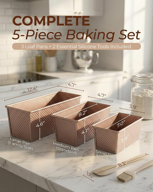CARTMAN 3-Piece Pullman Loaf Pan with Lid Set – Non-Stick Carbon Steel Bread Pan with Bottom Vents – Includes Large (12"), Medium (8") & Mini (7") Sizes plus Silicone Tools – Champagne Gold