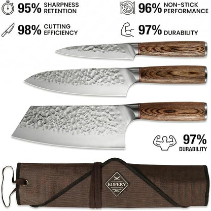 KOFERY 5 Piece Chef Knife Set, High Carbon Stainless Steel Kitchen Knives, Hand Forged Hammered Blades for Meat Cutting and Culinary School, Travel Pouch, Roll Bag, Honing Steel, Block Not Included