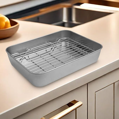 TreasureCave Stainless Steel Bakeware With Rack & Lid, Cookie Sheets For Baking Pan Tray, Heavy Duty Bakeware Baking Pans For Cookie, Cake Cooling Storing (23x17x5cm)