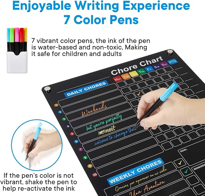 Black Magnetic Acrylic Dry Erase Calendar for Fridge, Monthly & Weekly/Chore Chart Planning Board Set for Kids/Adults/Teens, Includes 7 Colorful Markers, 16"x12"