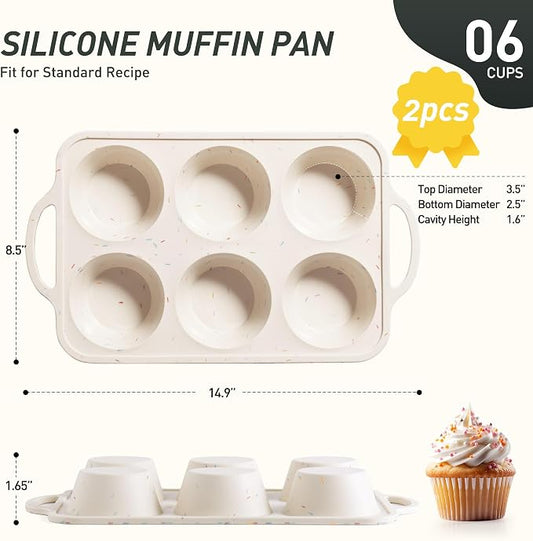 Socisen 2 Packs 6 Cups Silicone Muffin Pan with Metal Reinforced Frame Jumbo Size Cupcake Pan Tray Egg Bites Silicone Circle Cookie Molds Muffin Tin Tart Pans Large Big Baking Sheet Set for Breakfast
