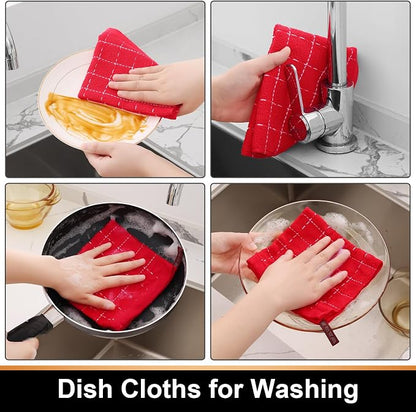 Mordimy 100% Cotton Terry Cloth Dish Cloths, Soft and Absorbent Checkered Dish Towels, Quick Drying Dish Rags for Washing Dishes, 12 Pack, 12 x 12 Inches, Red