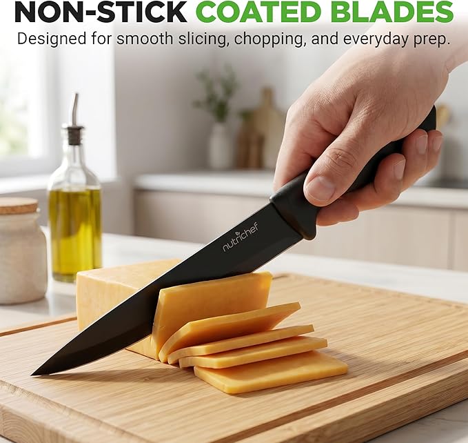 NutriChef 17-Piece Kitchen Knife Block Set - Stainless Steel Precision Crafted Knives w/Acrylic Block Stand - Includes 6 Steak & 7 Multi-Use Knives, Sharpener, Scissors, & Vegetable Peeler (Black)