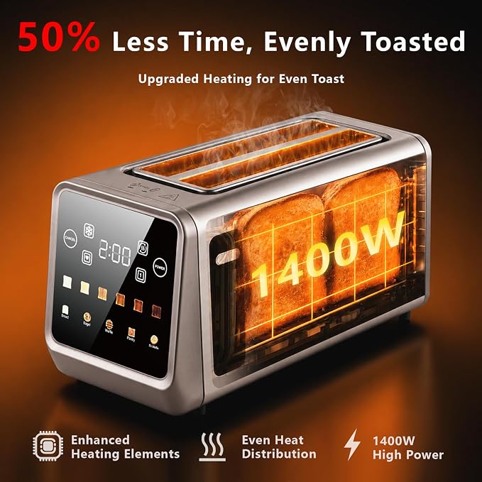 SAKAMOSH Touch Screen Toaster 4 Slice, Smart Digital Toasters with LED Display & Timer, Extra Long Wide Slots for Bagels, 6 Browning Levels & 5 Bread Types, Memory Function, 1400W, Stainless Steel