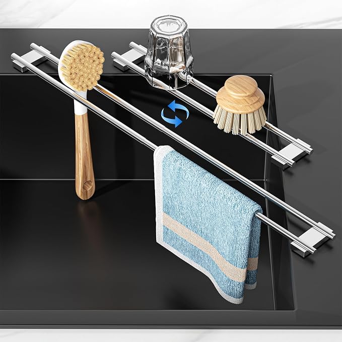 Dish Cloth Holder for Kitchen Sink, Adjustable Over-The-Sink Dish Rag Rack, Metal Kitchen Racks Sink Brush Holder, Drying Rack for Dishcloths, Sponges, Brushes, and Bottles (2, Sliver)