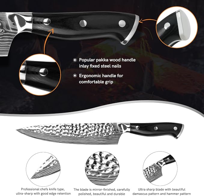 DARK EDGE 3PCS Kitchen Knives Set, 8 Inch Chef Knife with Black Sharpener and Blade Guard, Professional Kitchen Chef's Knife Set 05