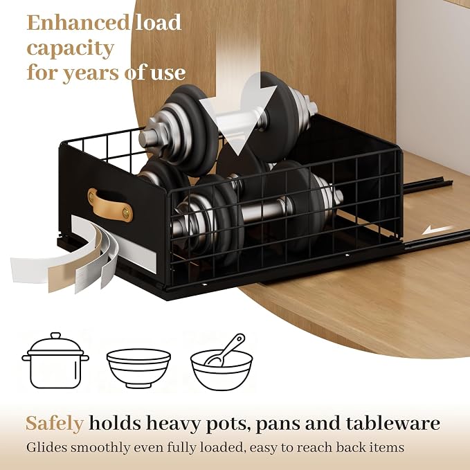 Pull Out Cabinet Organizer, No-Drill Pantry Drawers, Slide Out Shelves with Bamboo Risers for Lipped Cabinets,Ideal for Kitchen, Bathroom & Under Sink Storage (Black, 11.8" Wide-15.7" Deep)