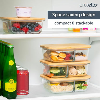 Crutello Glass Storage Containers with Bamboo Lids - Eco-Friendly Non Toxic Meal Prep Jars with Wooden Lid for Fridge and Kitchen Organization - Non Plastic Container for Fruit Bowls - 48 oz - 4 Pack