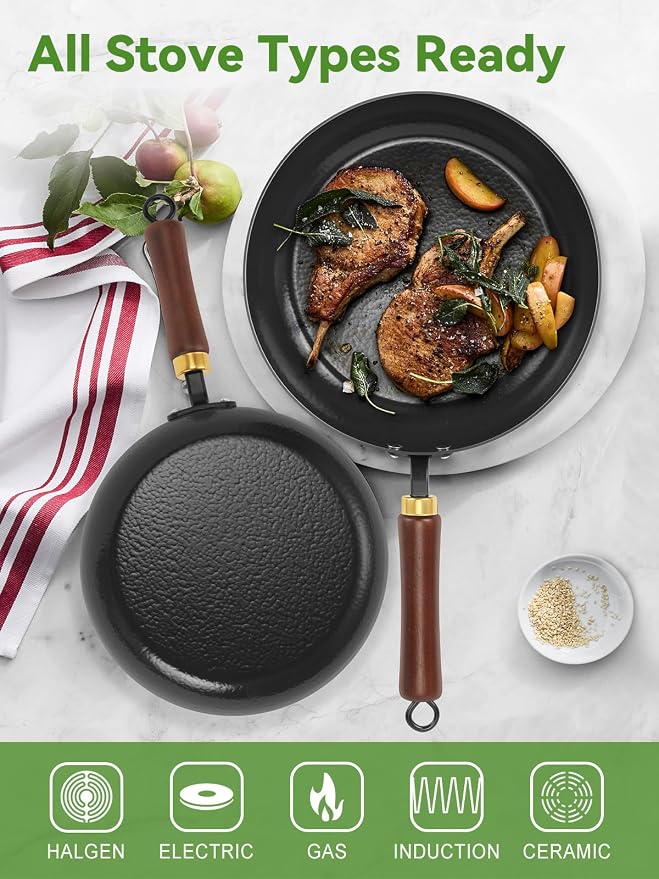 Carbon Steel Skillet, 11-Inch Nonstick Frying Pan, Season-Free Enameled Carbon Steel Pan,Stay-Cool Wooden Handle, Non Toxic, PTFE & PFOA Free Oven-Safe