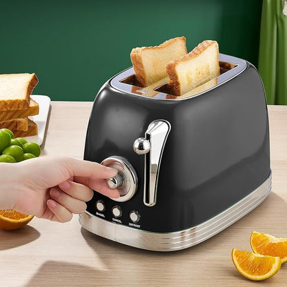 Wiltal Retro Toaster 2 Slice, 1.58" Extra Wide Slot Stainless Steel with Dust Cover and Warming Rack, Glossy Black Finish with Defrost/Reheat/Cancel Functions, Removable Crumb Tray