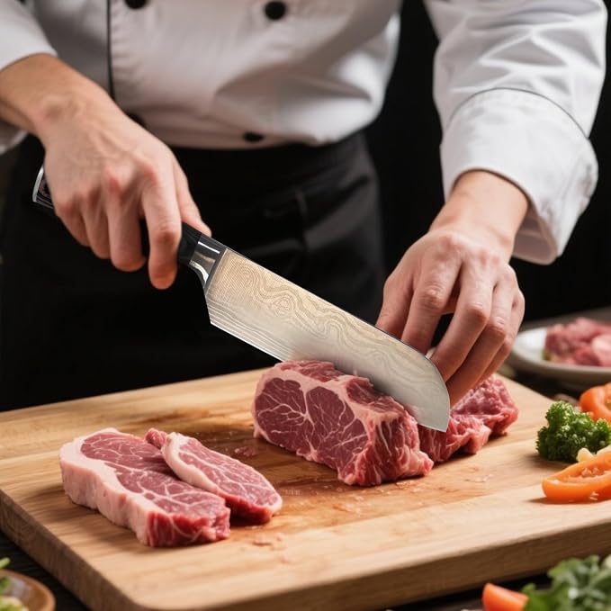 5-Piece Kitchen Knife Set, High Carbon Stainless Steel Blades with Wave Pattern, Ergonomic Pakkawood Handle - Includes 8" Chef, 8" Bread, 7" Santoku, 5" Utility & 3.5" Paring Knives