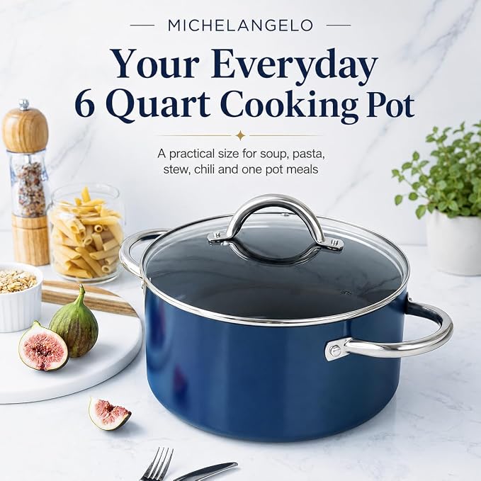 MICHELANGELO 6 Qt Ceramic Nonstick Stock Pot with Lid, Induction Ready | Ceramic nonstick coating | Stainless steel construction | Stay-cool handles | Ideal for soups, pasta, stews and family meals