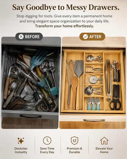 Expandable Bamboo Silverware Drawer Organizer – Adjustable 29" Wide Wooden Utensil Tray with 9-Compartments, Large Kitchen Flatware & Spoon Holder, Natural Solid Wood for Drawers
