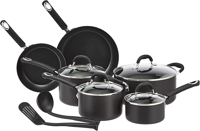 Amazon Basics Non-Stick Cookware Set, Pots and Pans with Lids, Hard Anodized Aluminum, Dishwasher Safe, Oven Safe, Black, 12-Piece