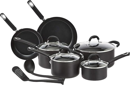 Amazon Basics Non-Stick Cookware Set, Pots and Pans with Lids, Hard Anodized Aluminum, Dishwasher Safe, Oven Safe, Black, 12-Piece