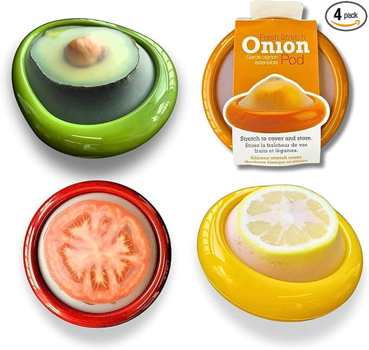 Set of 4 Reusable Avocado Saver and Onion Storage– Eco-Friendly – Keep Leftovers Fresh Without Plastic Bags. Fruit and Veggie Savers for Avocados, Lemons, Onions, Tomatoes & Salad