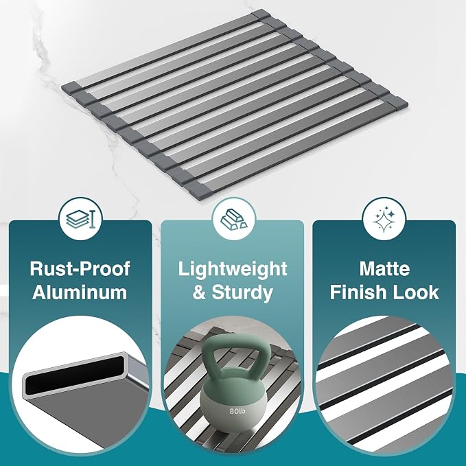 COOL-ANGLE Aluminum Roll Up Dish Drying Rack Over The Sink, 17.7" x 13.4" Rust-Proof Foldable Dish Drainer Mat, Heat Resistant Trivet & Kitchen Sink Cover, Fits Sinks up to 16.8" Wide, Matte Gray