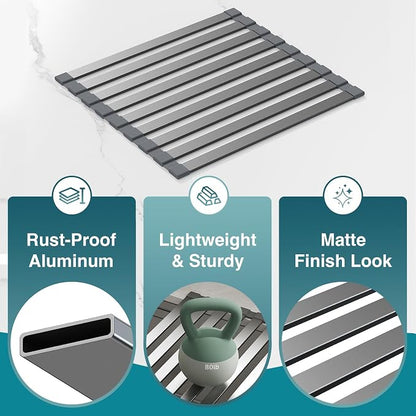 COOL-ANGLE Aluminum Roll Up Dish Drying Rack Over The Sink, 17.7" x 13.4" Rust-Proof Foldable Dish Drainer Mat, Heat Resistant Trivet & Kitchen Sink Cover, Fits Sinks up to 16.8" Wide, Matte Gray
