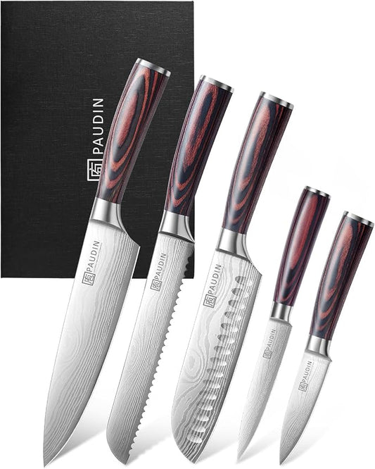 PAUDIN Knife Set, 5PCS Kitchen Knife Set without Block, Stainless Steel Chef Knife Set with Pakkawood Handle, Professional Kitchen Gift Sets for Cooking Lovers & Farther's Day