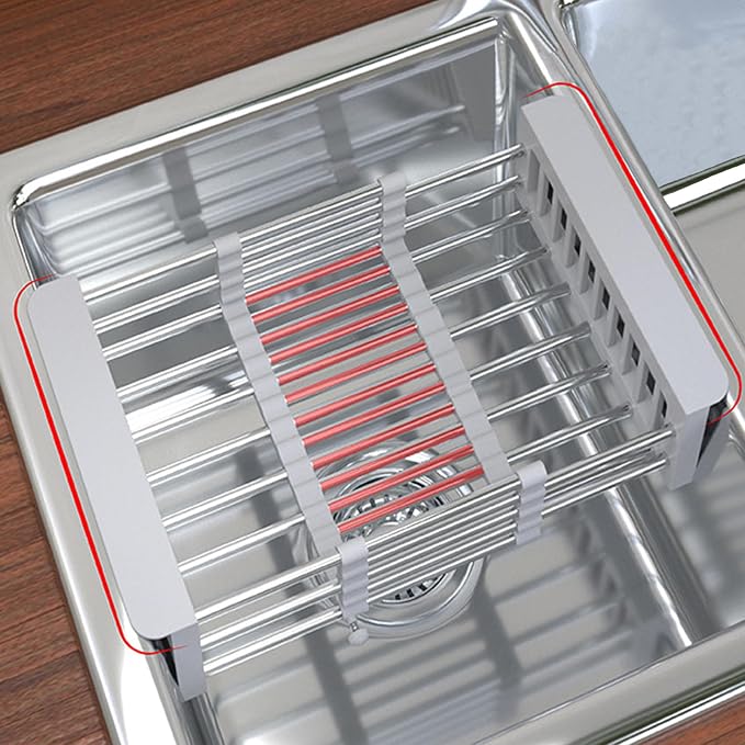 Dish Drying Rack, Adjustable Stainless Steel Drainer Basket Drain Tray for Dishes, Vegetables, and Fruit, On or in Sink Kitchen Basket Dish Drying Rack-Grey