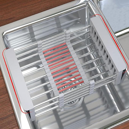 Dish Drying Rack, Adjustable Stainless Steel Drainer Basket Drain Tray for Dishes, Vegetables, and Fruit, On or in Sink Kitchen Basket Dish Drying Rack-Grey