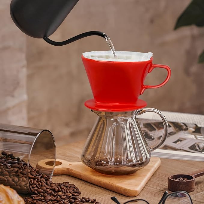 hailanbao Handmade Pour Over Ceramic Coffee Dripper - Authentic Brewing Experience for Camping, Office, and Home (Red)
