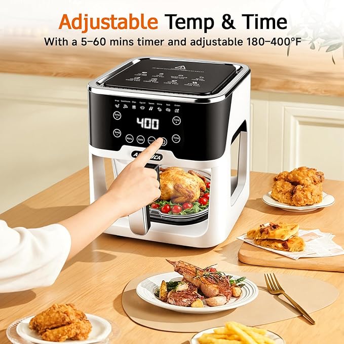 Glass Air Fryer, Portable Air Fryer with 6.0QT Glass Container, Adjustable Time & Temp, Power-Off & Overheat Protection, 8-in-1 Non Toxic AirFryer for Quick Easy Meals