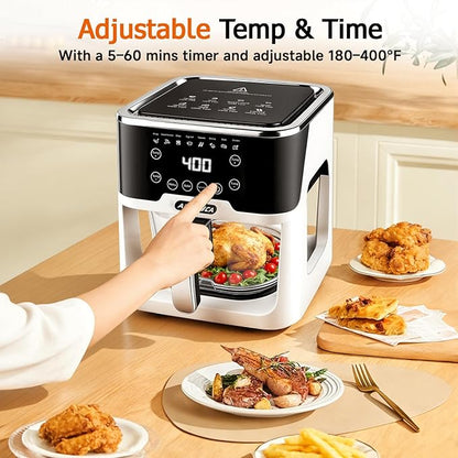 Glass Air Fryer, Portable Air Fryer with 6.0QT Glass Container, Adjustable Time & Temp, Power-Off & Overheat Protection, 8-in-1 Non Toxic AirFryer for Quick Easy Meals