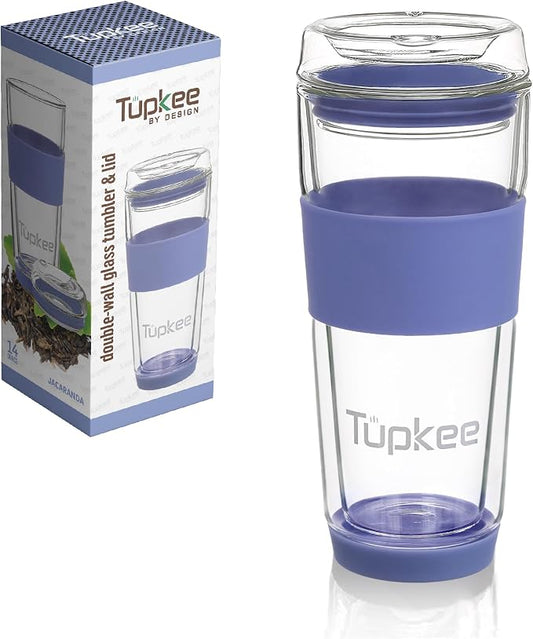 Double Wall Glass Tumbler - 14-Ounce, All Glass Hand Blown Reusable Insulated Tea/Coffee Mug & Lid, Travel Mug - Jacaranda